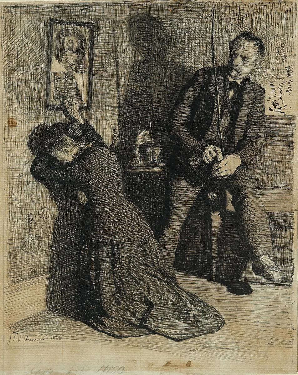 Study for the eching “Ægteskab” (Marriage). Signed J. F. Willumsen 1886. Indian ink on paper. Visible size 27×21 cm. — Modern Paintings/Classical modernism — Bruun Rasmussen