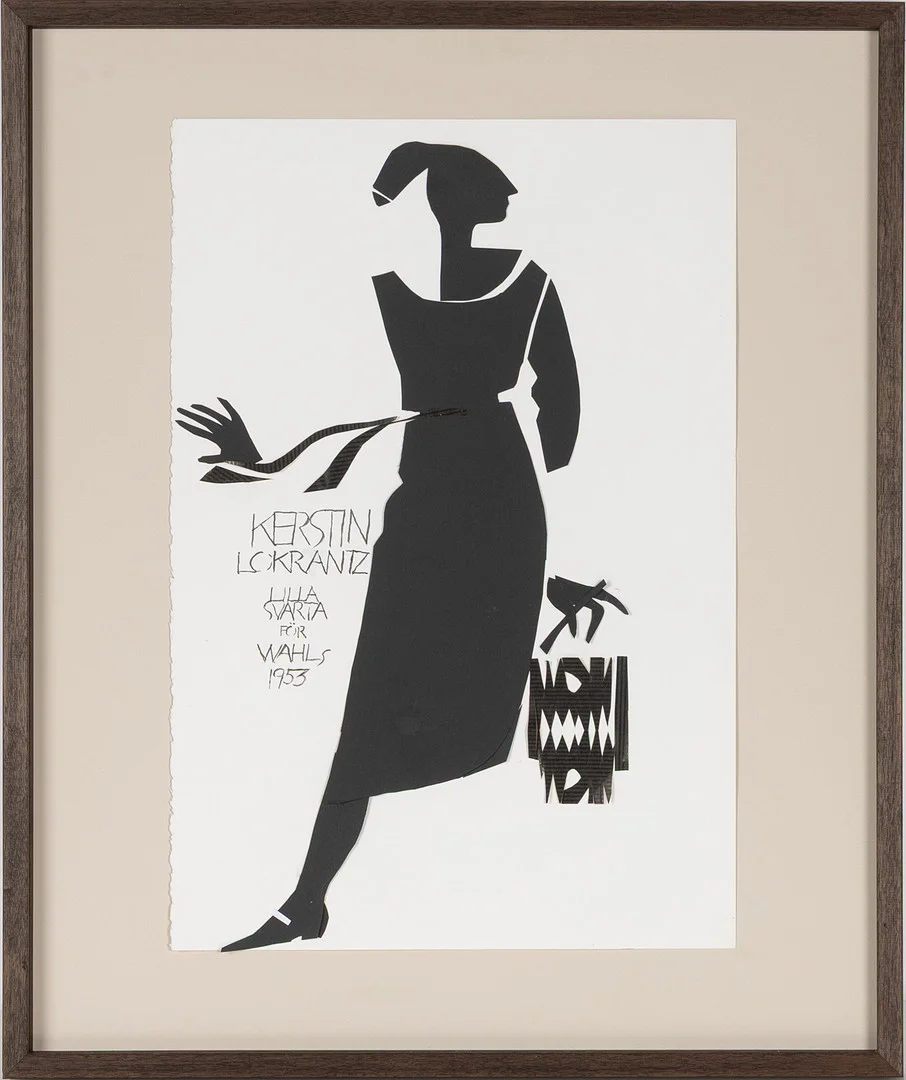 TONIE LEWENHAUPT (FÖDD 1937). "Kerstin Lokrantz, Lilla svarta för Wahls 1953", collage, signerad och daterad a tergo 2024. Tonårsidolen och fotomodellen Kerstin Lokrantz blev redan 1955 vår första erkända modeformgivare när konfektionsföretaget Ivar Wahl lät henne skapa nytt ungt mode. — Other — Stockholms Auktionsverk Helsingborg