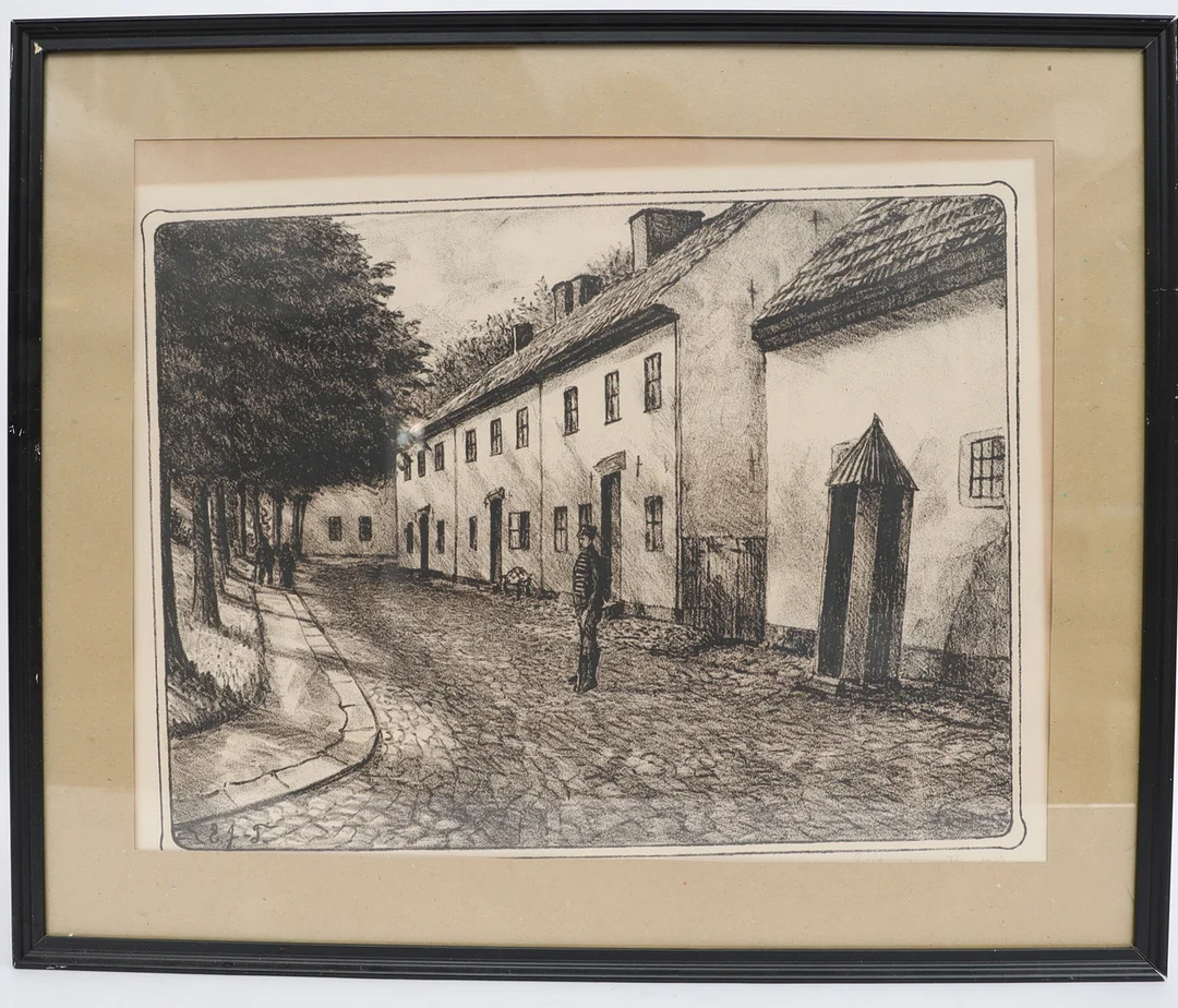 EMIL JOHANSON-THOR. Byggnad med figurer, litografi, signerad och daterad. — Engravings & Prints — Falun Auktionsbyrå