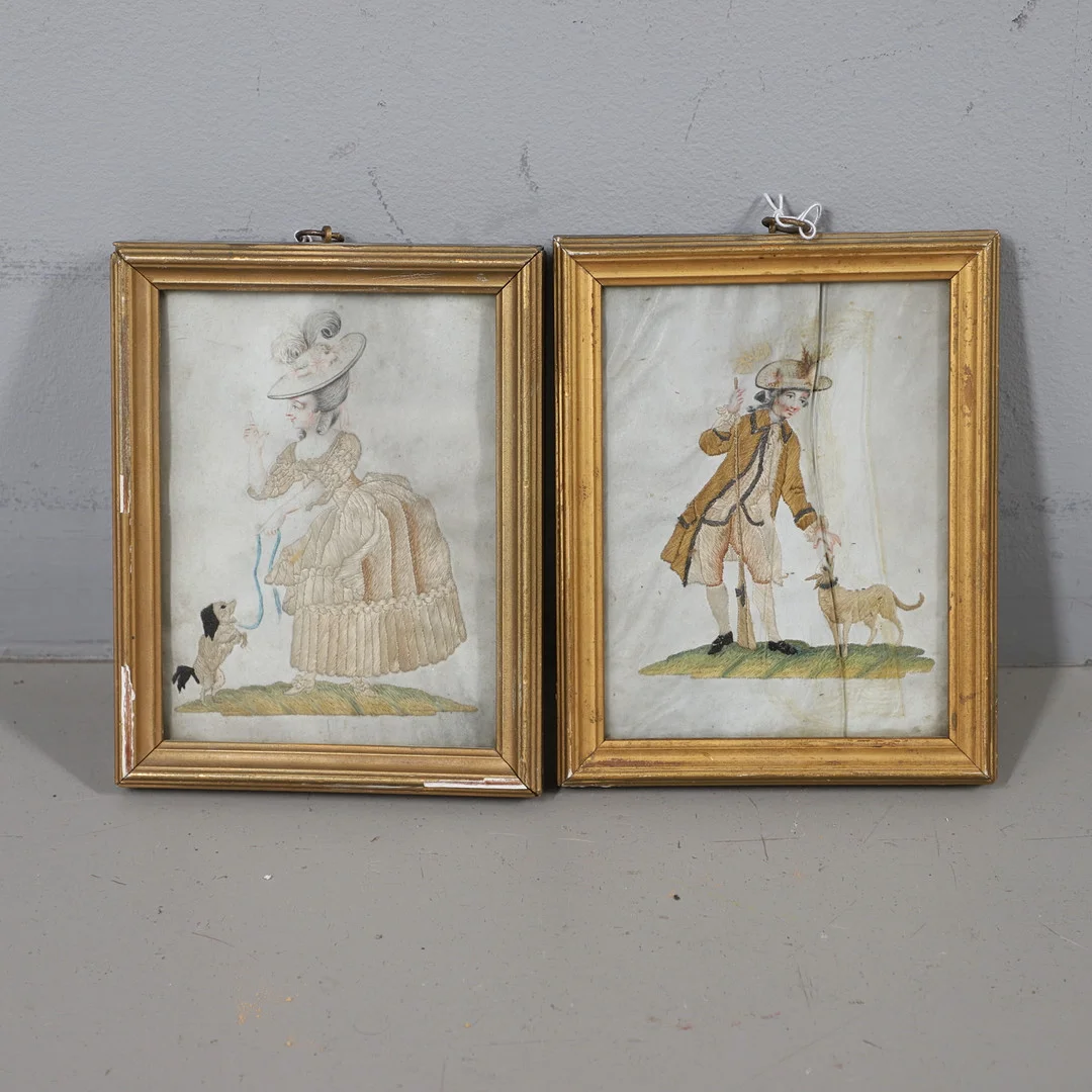 A PAIR OF REGENCY SILKWORK PICTURES OF FIGURES WITH DOGS. — Textiles — Lawrences Auctioneers