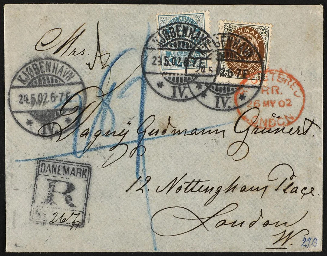 1895. 16 Øre, grey/brown and Arms. 20 Øre, blue. Registered cover from KJØBENHAVN 24.5.02 to London, ENGLAND — Stamps, Covers & Postal History/Denmark/2-farv., 12 3/4, vm.II — Bruun Rasmussen