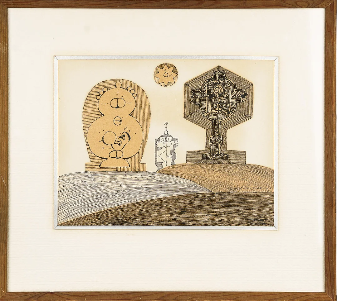 TORFRID OLSSON. Blandteknik på pannå "Jordens frukter" Signerad & daterad: 1969. — Paintings — Norrlands Auktionsverk