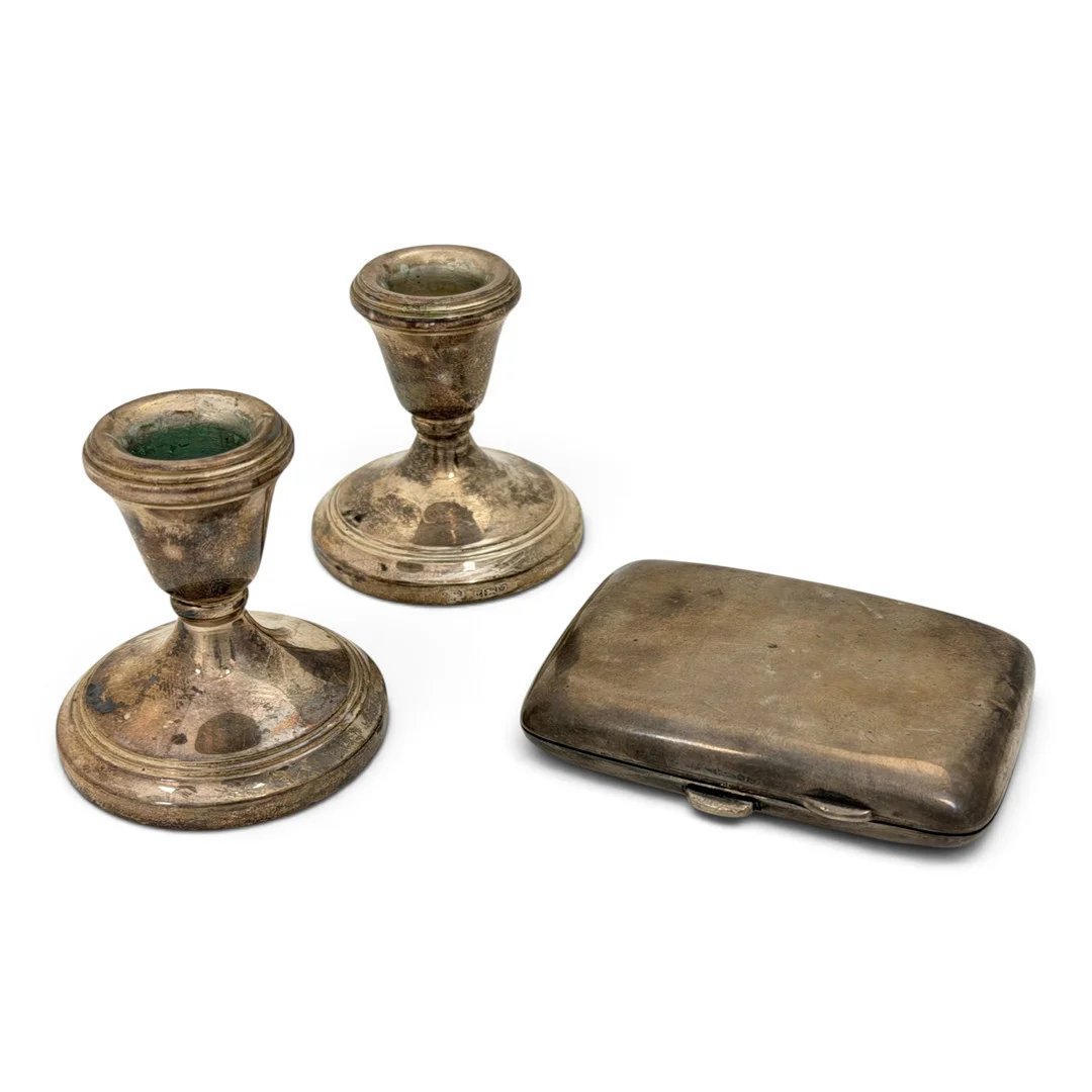 PAIR OF SMALL SILVER CANDLESTICKS AND A CIGARETTE CASE. — Silver — Griffin’s Auctioneers