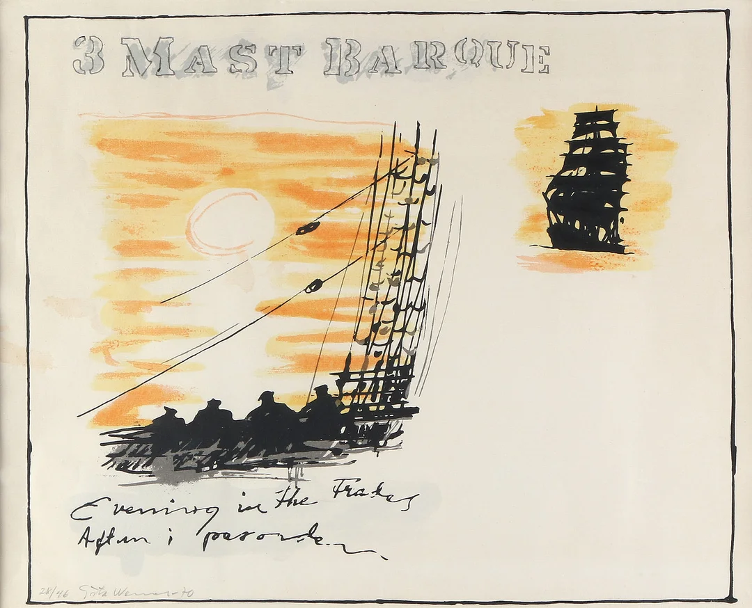 GÖSTA WERNER. Litografi, 28/46. "3 Mast Barque". Signerad. — Engravings & Prints — Skånes Auktionsverk