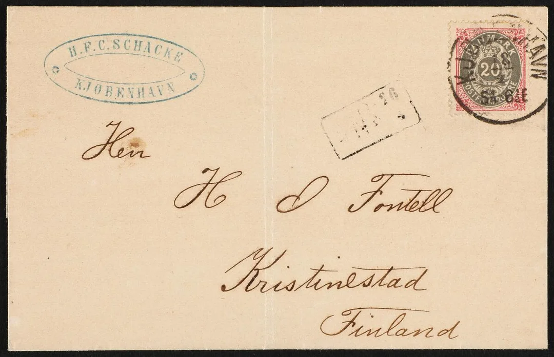 1875. 20 Øre. red/grey. 6th print. Cover from Copenhagen to Kristinestad, FINLAND. Lapidary canc. KJØBENHAVN 18.4.(1882). Arrival postmark on the — Stamps, Covers & Postal History/Denmark/2-farvet tk.14 — Bruun Rasmussen
