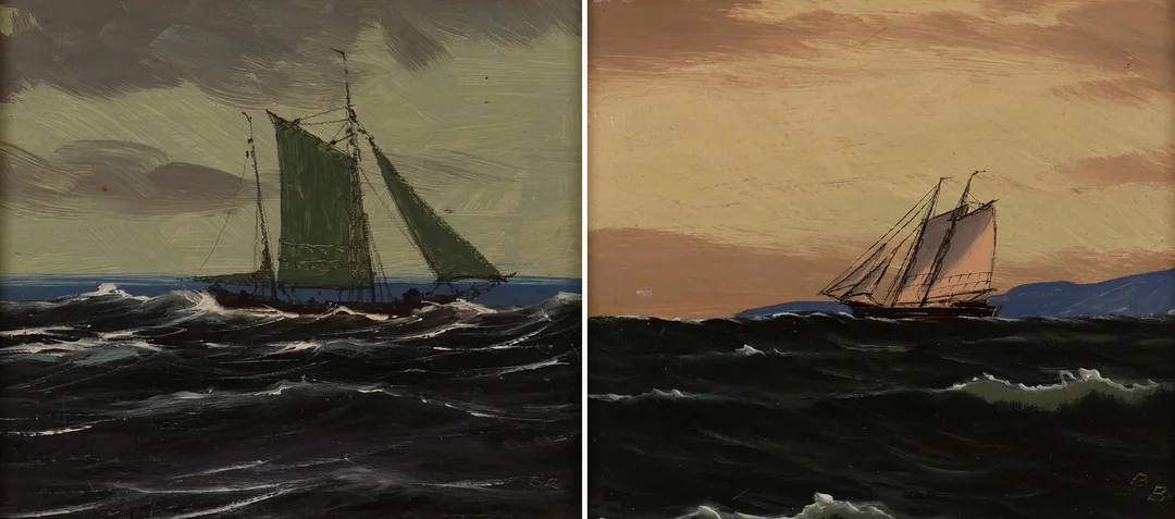 OIDENTIFIERAD KONSTNÄR. Marina tavlor, 2 st, olja på pannå, monogramsignerade BB. — Paintings — Auktionsfirma Kenneth Svensson i Kalmar