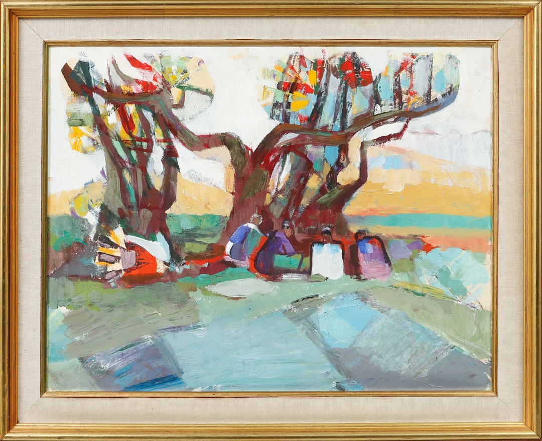 BRITA HANSSON. Figurscen, olja på pannå, signerad. — Paintings — Göteborgs Auktionsverk
