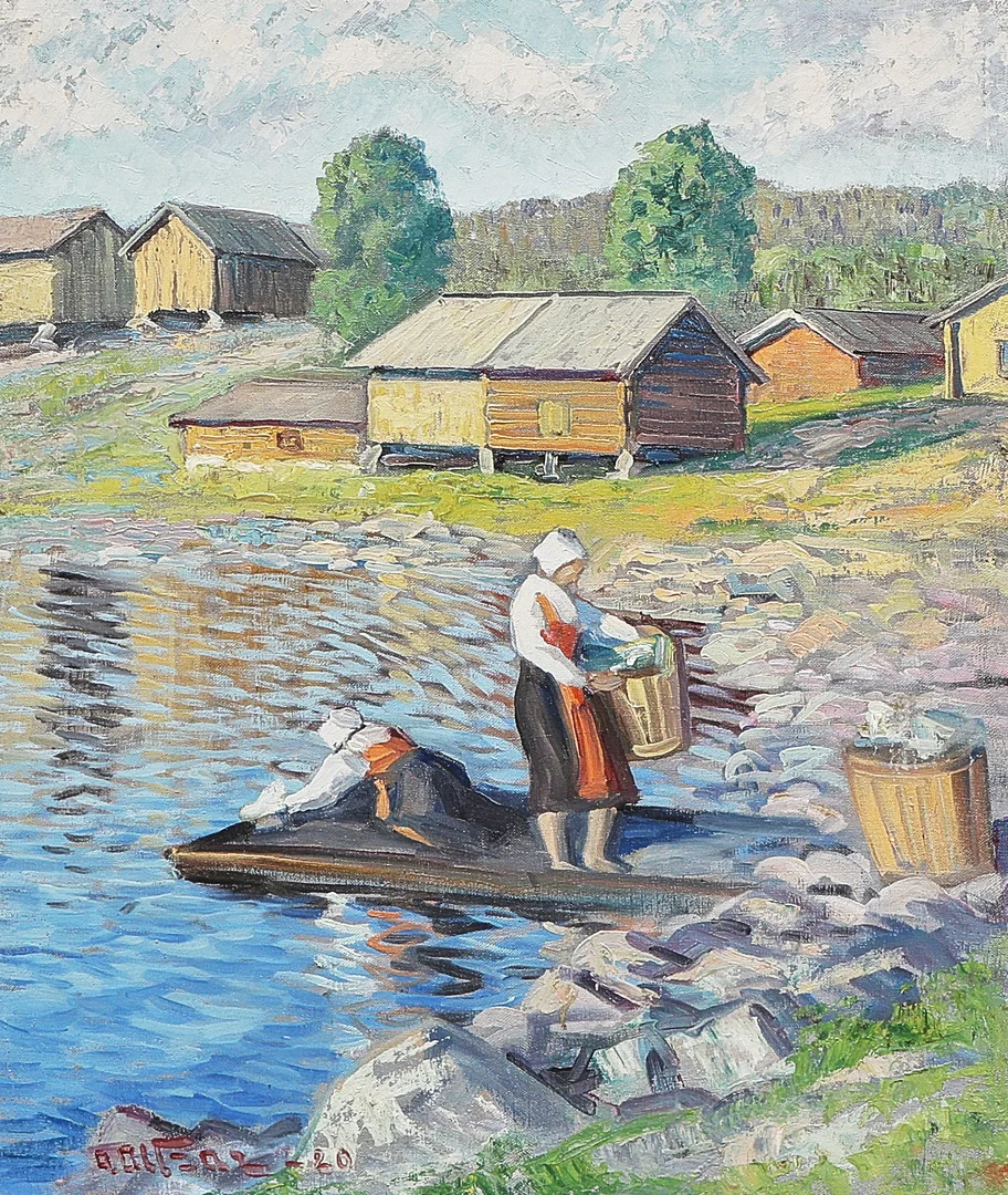 ANDERS ALTZAR. Oljemålning, signerad -20, Tvätterskor. — Paintings — Metropol Auktioner
