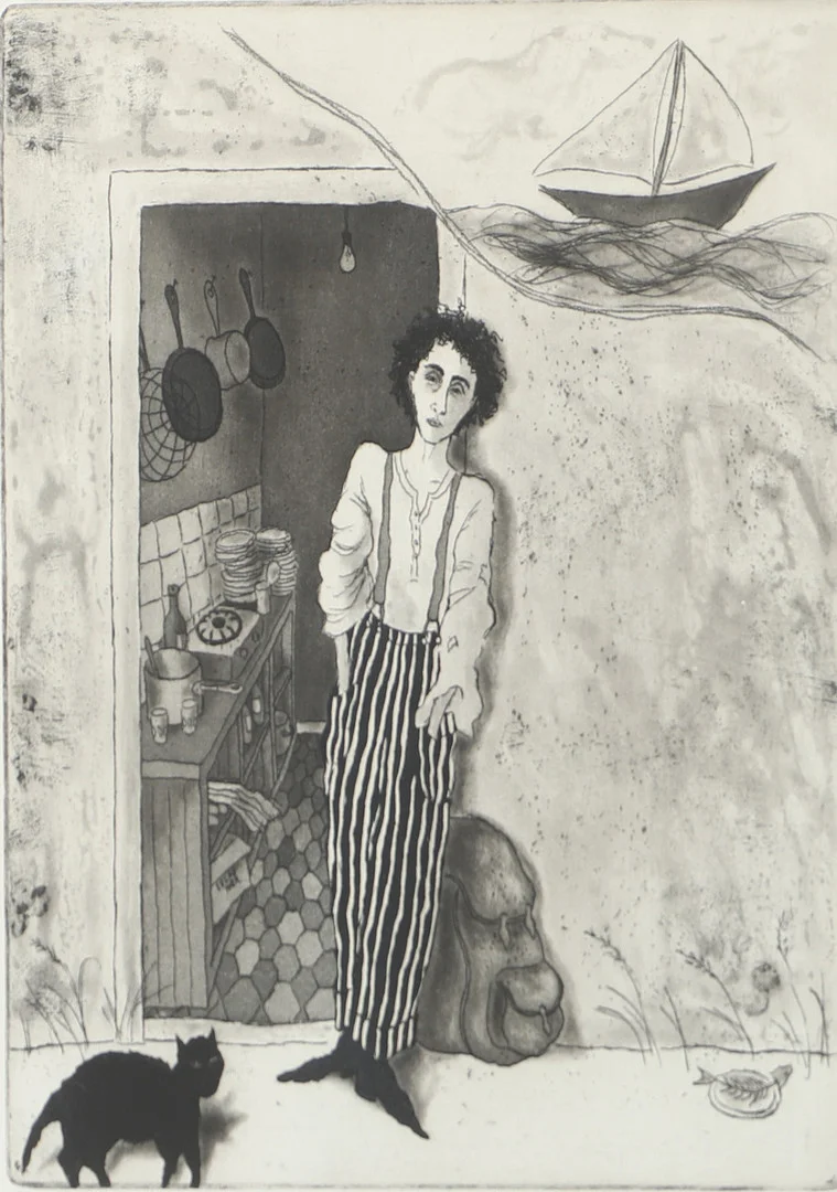 HELEN REX. "Före avfärd", etsning, signerad 1983. — Engravings & Prints — Helsingborgs Auktionskammare