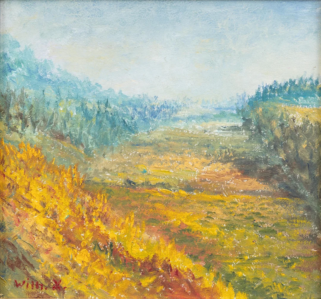 OIDENTIFIERAD KONSTNÄR. "Uppoldlad älvbotten", olja på pannå, otydligt signerad Wilh. X.... — Paintings — Garpenhus Auktioner