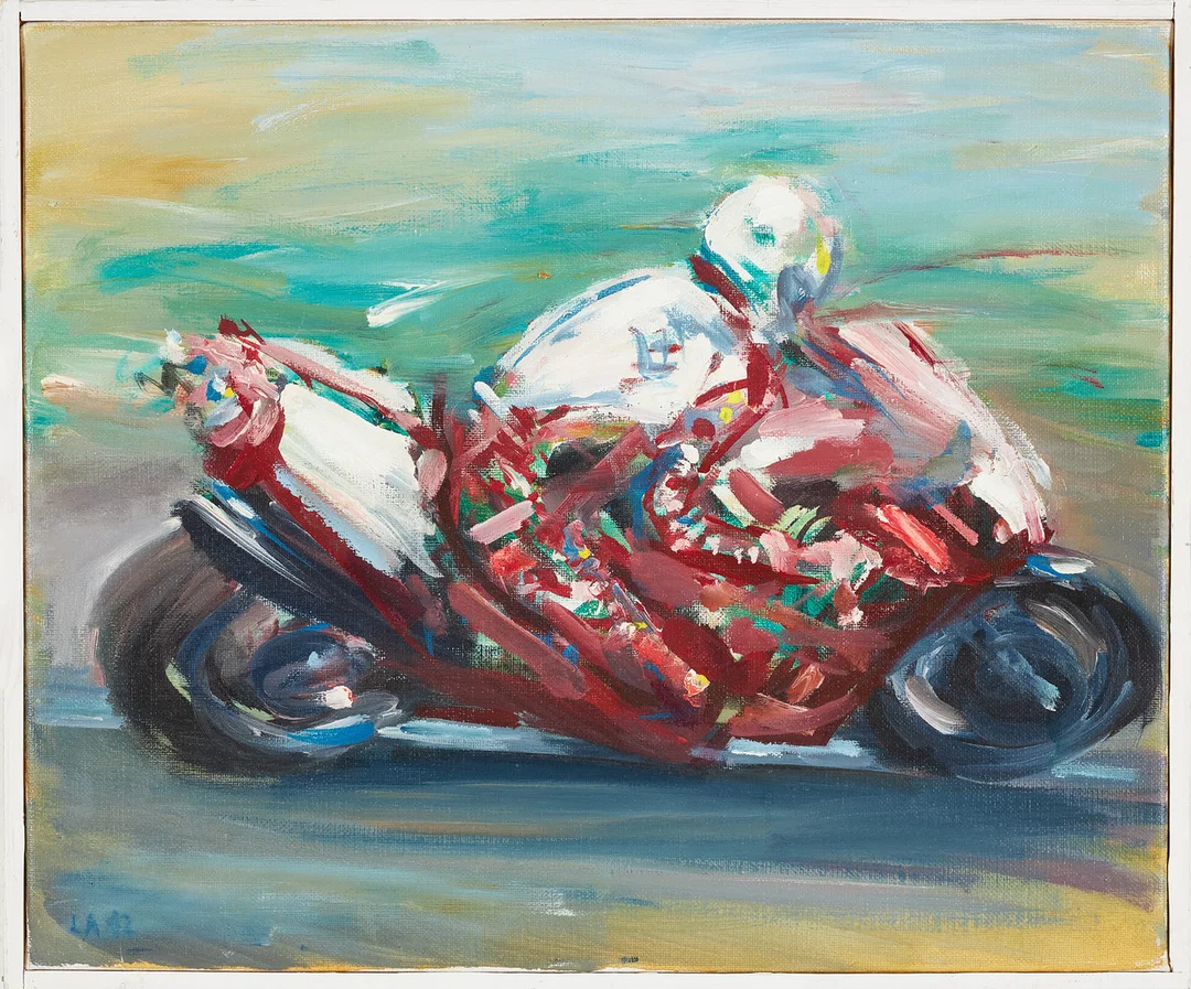 LEIF AHNLUND. Motorcykel, "Doug Polen", olja på duk, signerad och daterad, -92. — Paintings — Stockholms Auktionsverk Sickla