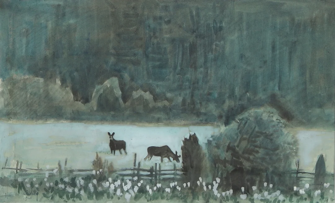 HARALD WIBERG. Akvarell, landskap med älgar, signerad och daterad 1961. — Paintings — Ekenbergs Auktioner