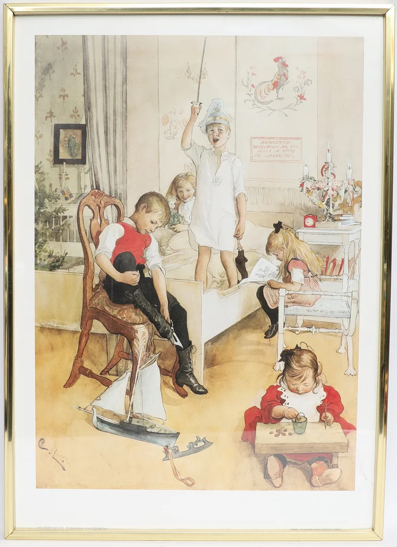 CARL LARSSON. Tryck efter, interiör med barn. — Drawings — Falun Auktionsbyrå