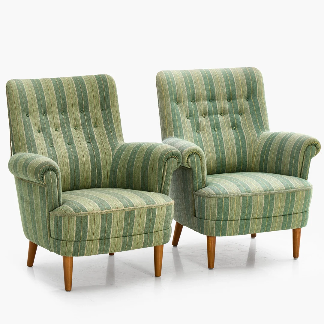 CARL MALMSTEN. fåtöljer ett par, " Hemmakväl", randig klädsel. — Armchairs & Chairs — Crafoord Auktioner Stockholm
