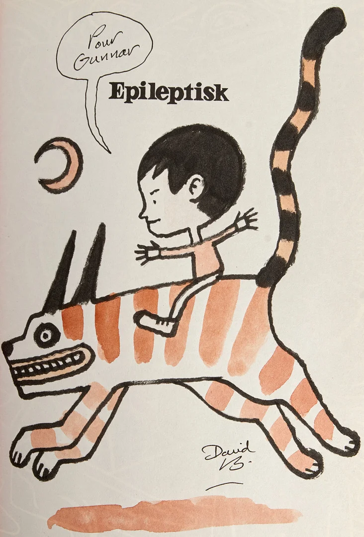 DAVID B. (David Beauchard, Frankrike, född 1959), Originalteckning i bok, "Epileptisk" (L´Ascension du Haut Mal", signerad David B., med dedikation, Svensk utgåva, 2015. — Paintings — Crafoord Auktioner Stockholm