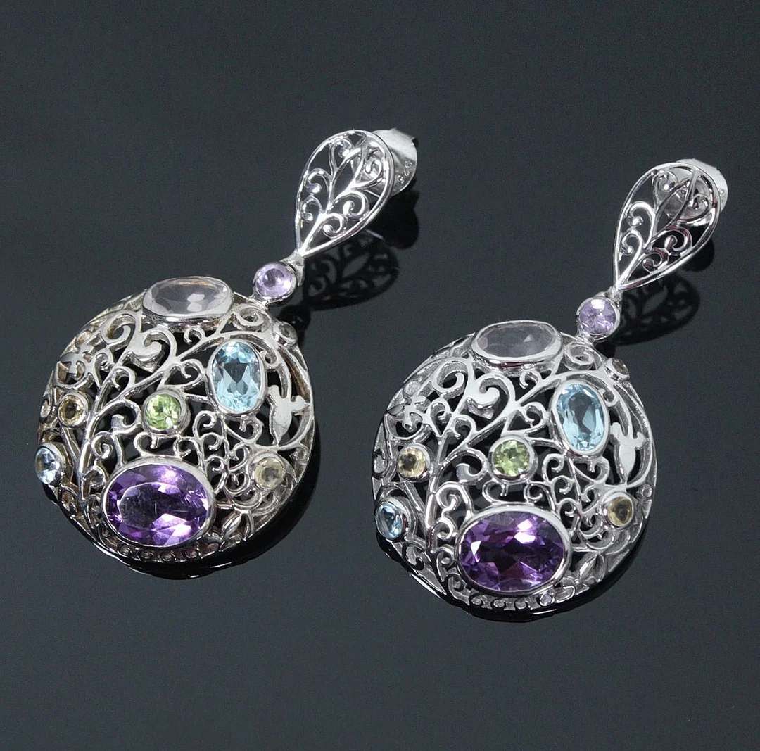 Ohrhänger mit Amethyst, Peridot, Citrin, Topas und rosa Quarz, 925er Silber. — Earrings — Stockholms Auktionsverk Düsseldorf/Neuss