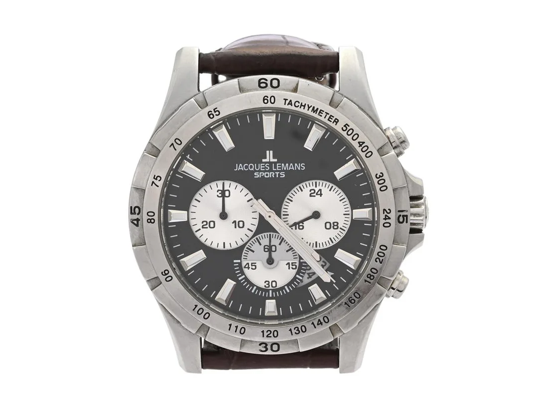JAQUES LEMANS, Sports, "Tachymeter", Boett nr. 1-1670.1, kronograf, herrur, 44 mm, stål, quartz, mineralglas, datum, läderband, ca 2010. — Klockor/Jacques Lemans — Kaplans