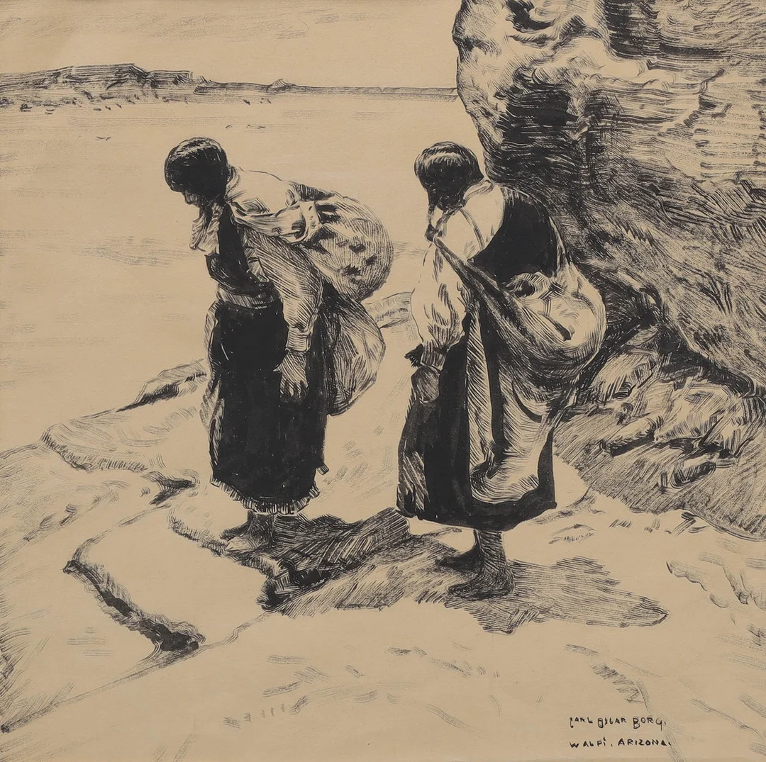 CARL OSCAR BORG (1879-1947). tuschteckning, signerad, "Vattenbärerskor", Walpi, Arizona. — Drawings — Auktionsmagasinet Vänersborg