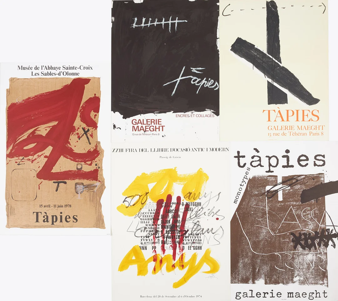 ANTONI TÀPIES. EFTER. Utställningsaffischer, 5 st, Galerie Maeght, Musée de l'Abbaye Sainte-Croix. — Engravings & Prints — Stockholms Auktionsverk Sickla