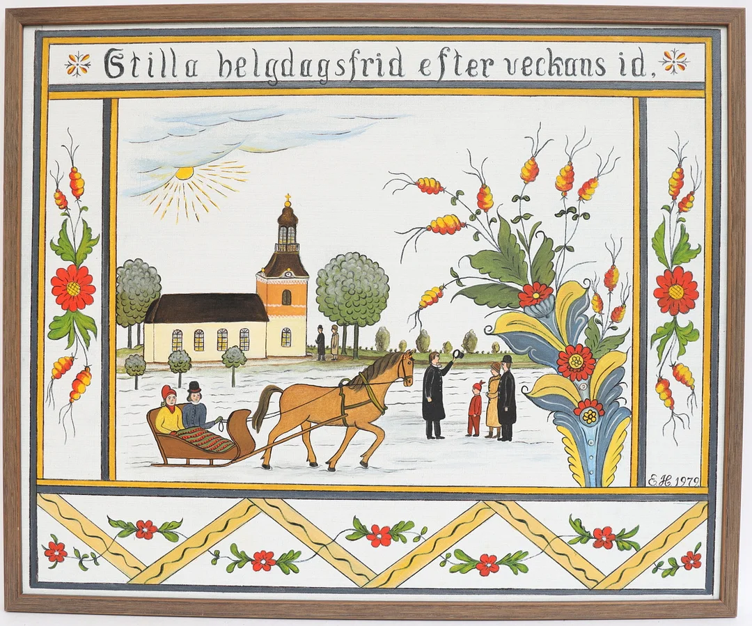 OIDENTIFIERAD KONSTNÄR. Kopia efter dalmålning, monogramsignerad och daterad 1979. — Paintings — Falun Auktionsbyrå