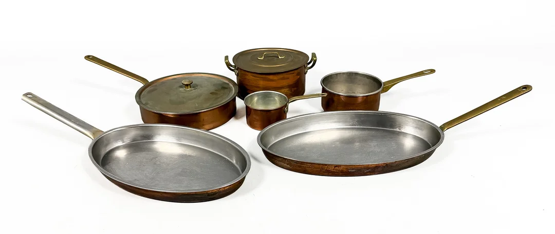 STEKPANNOR, GRYTOR & KASTRULL, 6 delar, koppar, bl.a Culinox Spring. — Pewter, Brass & Copper — Auktionshuset STO Bohuslän