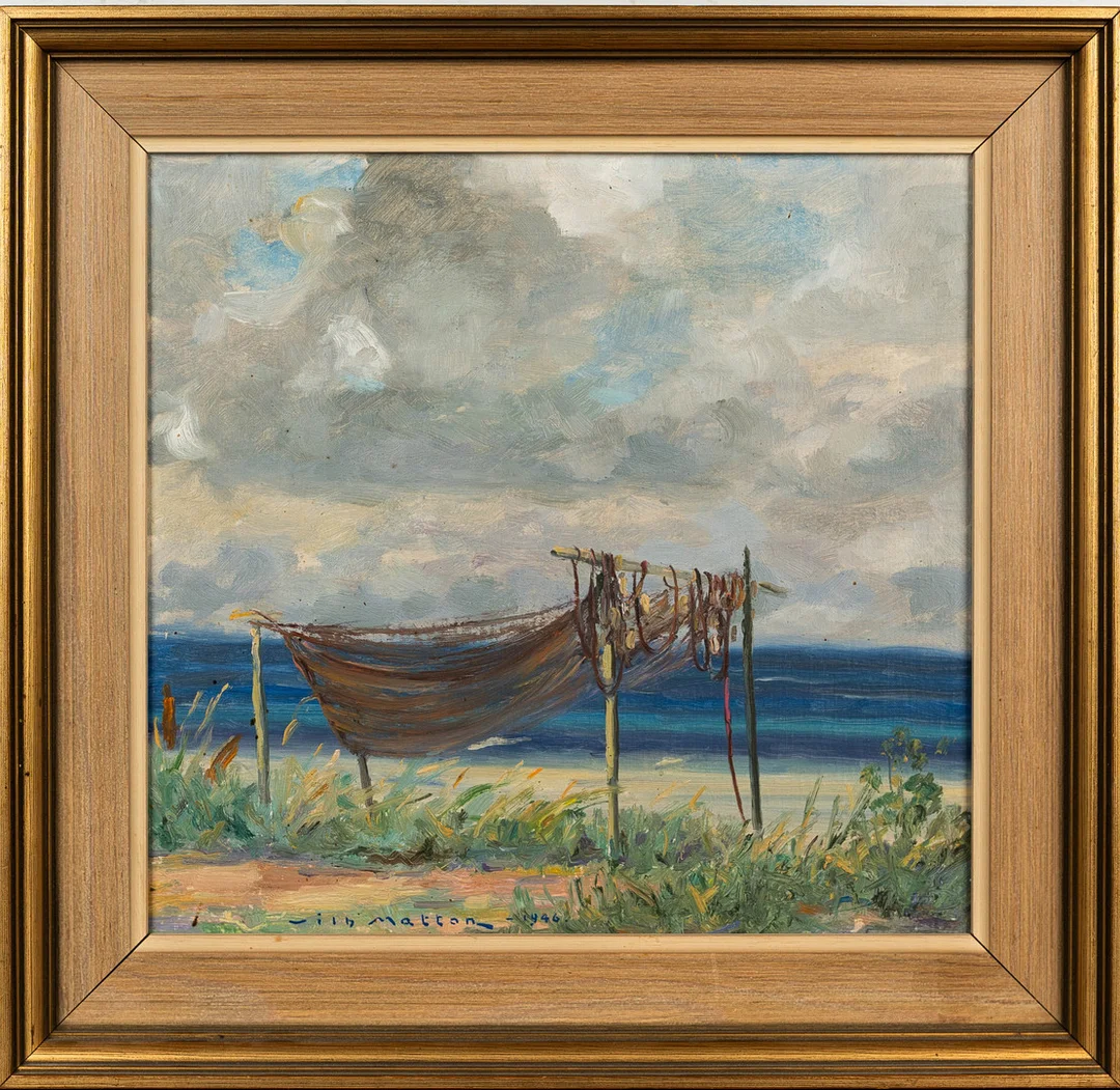 MAGNI PERSSON. Olja på pannå, "Nät" signerad, daterad 1946. — Paintings — Norrlands Auktionsverk