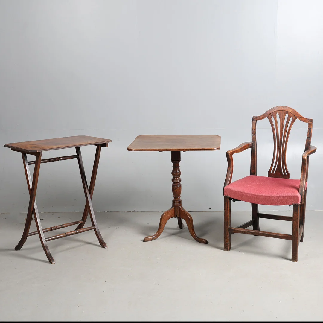 A GEORGE III MAHOGANY TRIPOD TABLE, A GEORGE III OAK CARVER CHAIR TOGETHER WITH A 19TH CENTURY MAHOGANY FOLDING TABLE (3). — Other — Bishop & Miller
