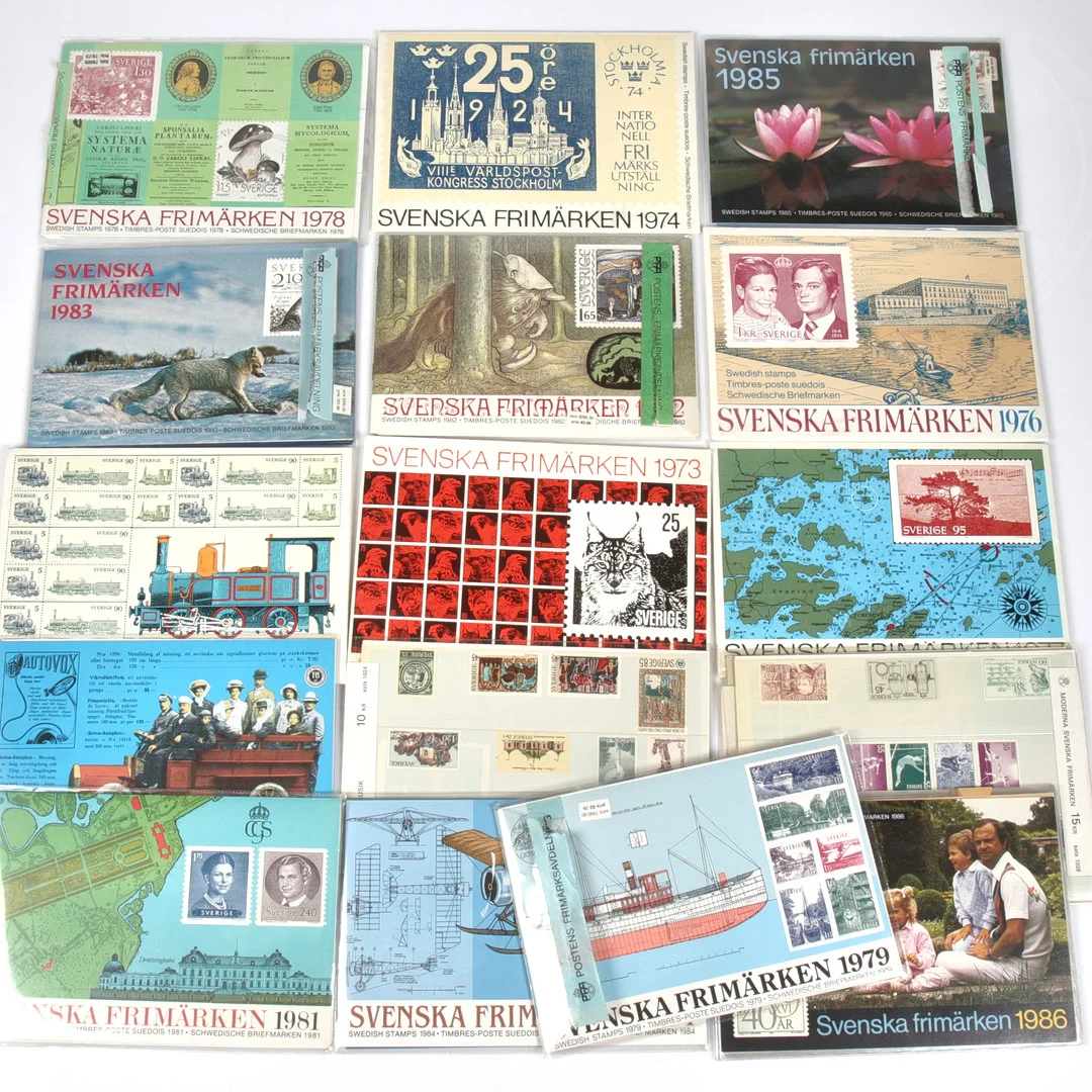 FRIMÄRKEN, 17 st, årssatser, Sverige. 1972-1986. Nominellt värde: 1179 kr. — Stamps — Stadsauktion Sundsvall