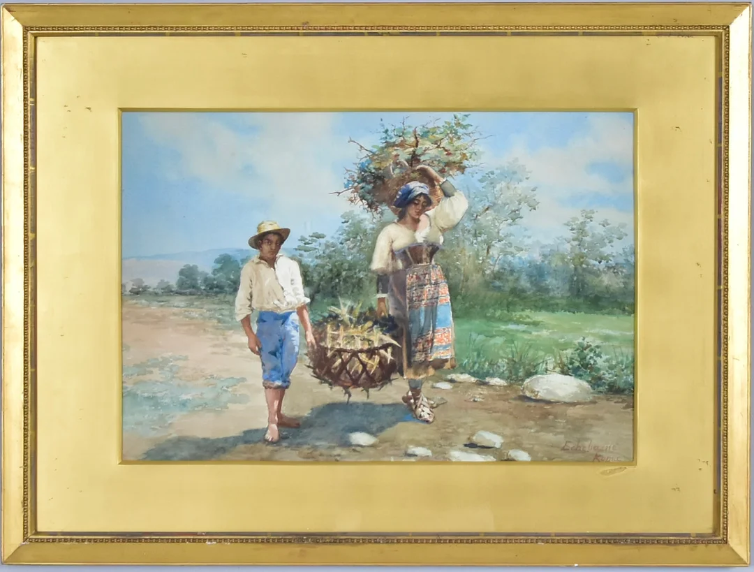OIDENTIFIERAD KONSTNÄR. akvarell, jordbrukarsyskon på Campagnan, sekelskiftet 1900. — Paintings — Halmstads Auktionskammare
