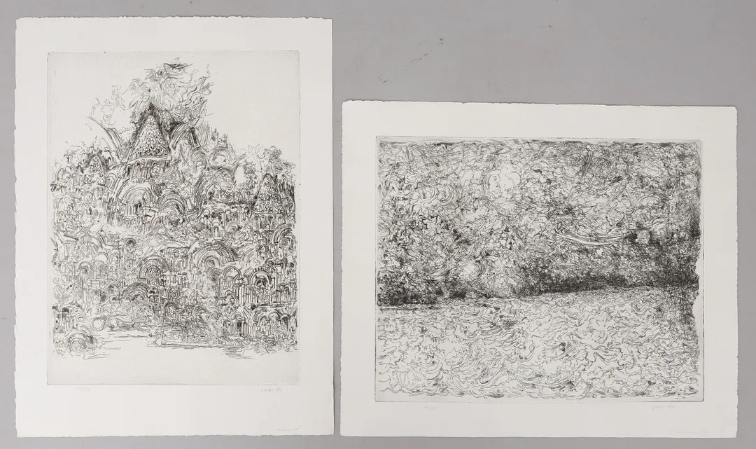 LENNART IVERUS 1930-2012. TVÅ ETSNINGAR, SIGNERADE, NUMRERADE 27/185 RESP. 126/185, SAMT DATERADE 1977. — Engravings & Prints — Crafoord Auktioner Lund