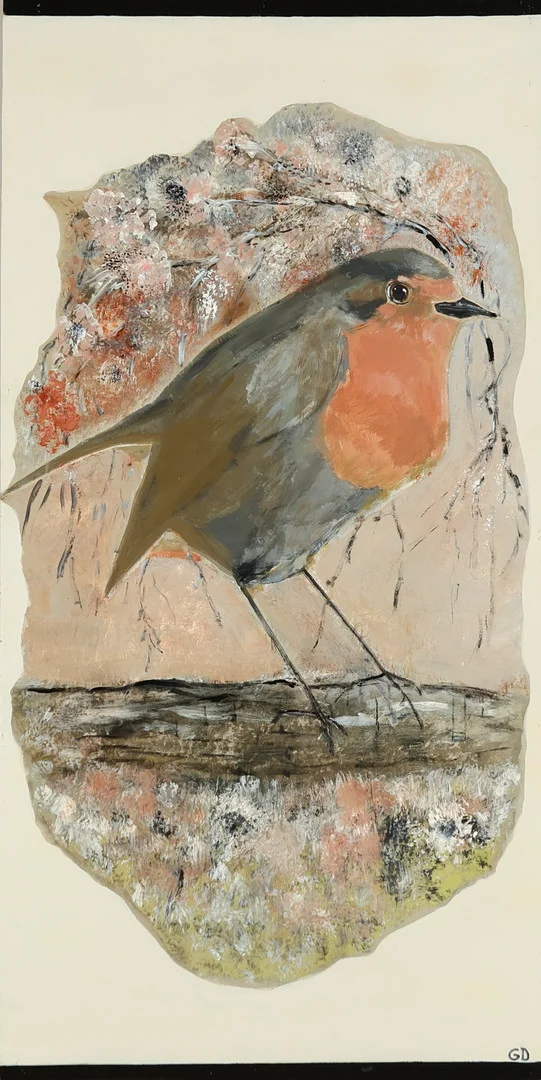 GITTE DAN 20/21 ÅRH. Motiv med Rødhals 'Et øjeblik', akryl og farvepigment på plade, signeret og dateret 2018. — Paintings — Palsgaard Kunstauktioner