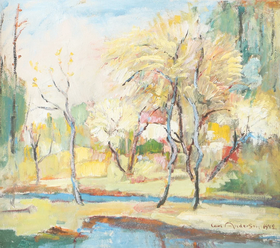 CARL ANDERSON. "Vårlandskap", olja på duk, signerad 1942. — Paintings — Helsingborgs Auktionskammare
