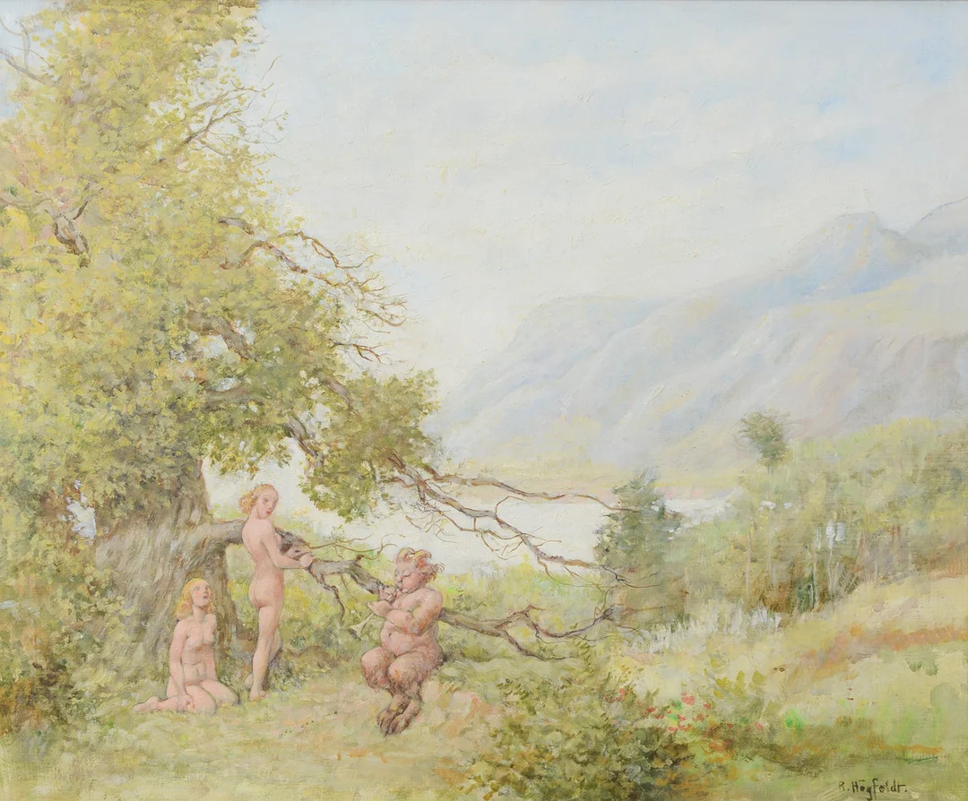 ROBERT HÖGFELDT. Faun och kvinnor i bergslandskap, "Arkadien", olja på pannå, signerad. — Paintings — Formstad Auktioner