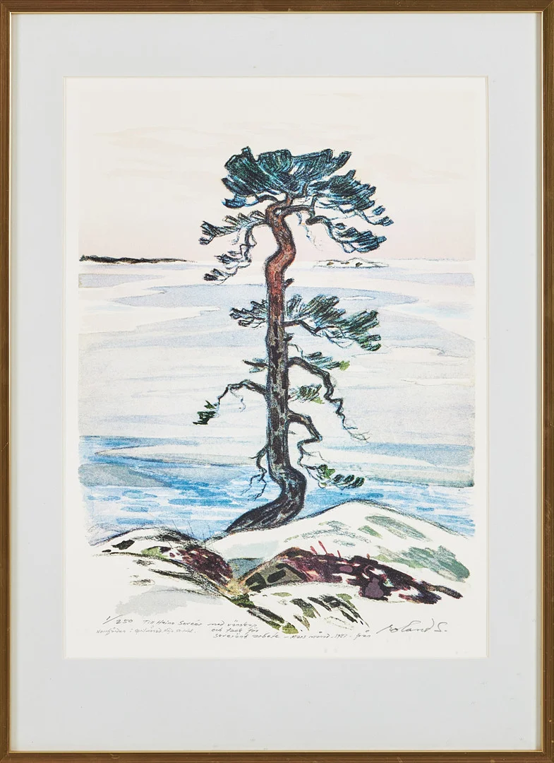ROLAND SVENSSON. "Norrfjärden i april månad", färgoffset, signerad, 1/250. — Engravings & Prints — Stockholms Auktionsverk Magasin 5