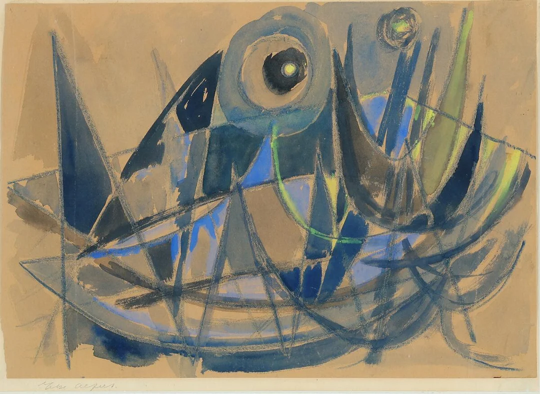 Else Alfelt: Composition. Unsigned, inscribed on back paper. Watercolour and pastel on paper. Sheet size 30×43 cm. — Modern Paintings/CoBrA — Bruun Rasmussen