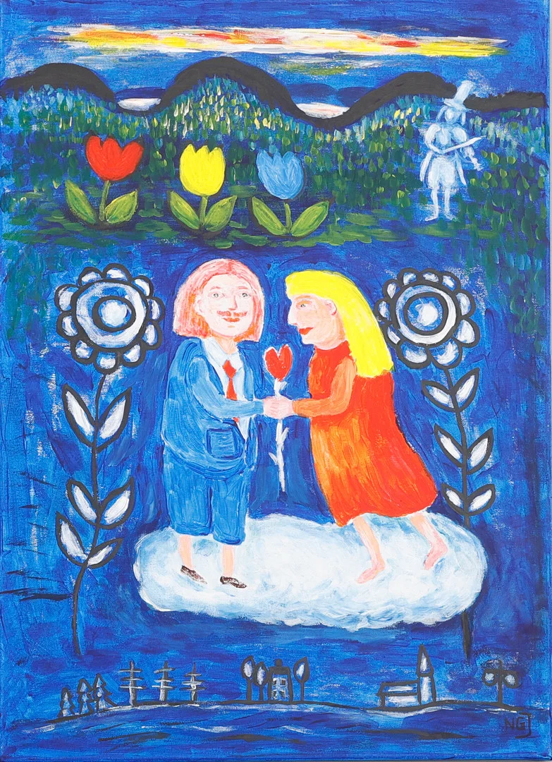 NILS GÖRAN JOHANSSON. Akryl på duk, "Visa från Utanmyra", signerad. — Paintings — Södermanlands Auktionsverk