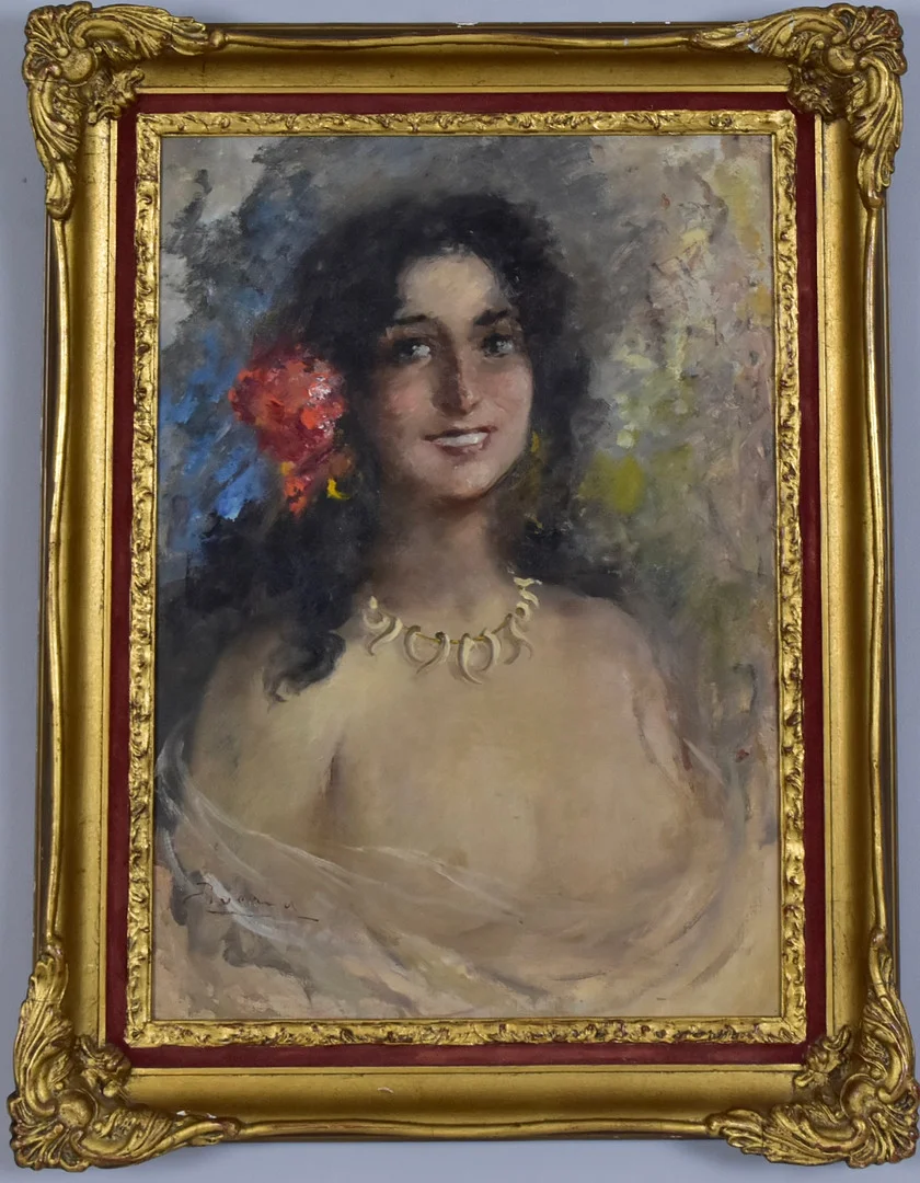 OIDENTIFIERAD KONSTNÄR. oljemålning på duk, kvinna med blomster. — Paintings — Halmstads Auktionskammare