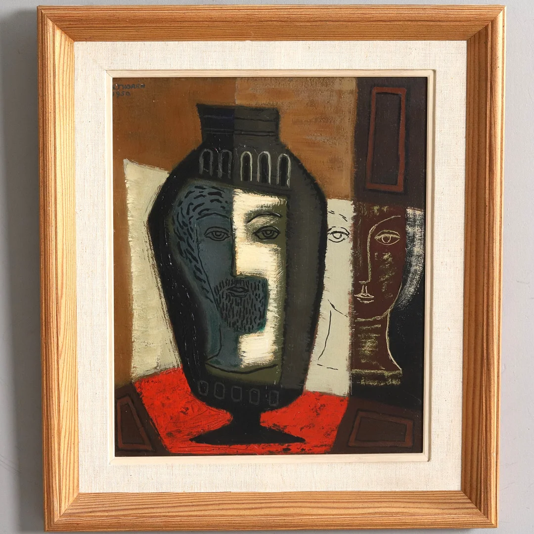 ESAIAS THOREN. OLJA PÅ PANNÅ, Surrealistisk komposition, signerad och daterad Esaias Thorén -50. — Paintings — Örebro Stadsauktioner