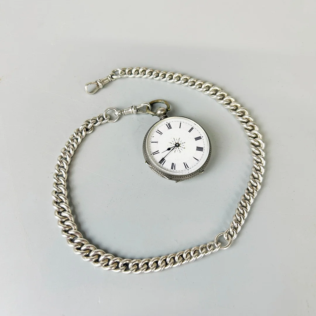 SILVER POCKET WATCH AND CHAIN. — Pocket & Stop Watches — Chalkwell Auctions