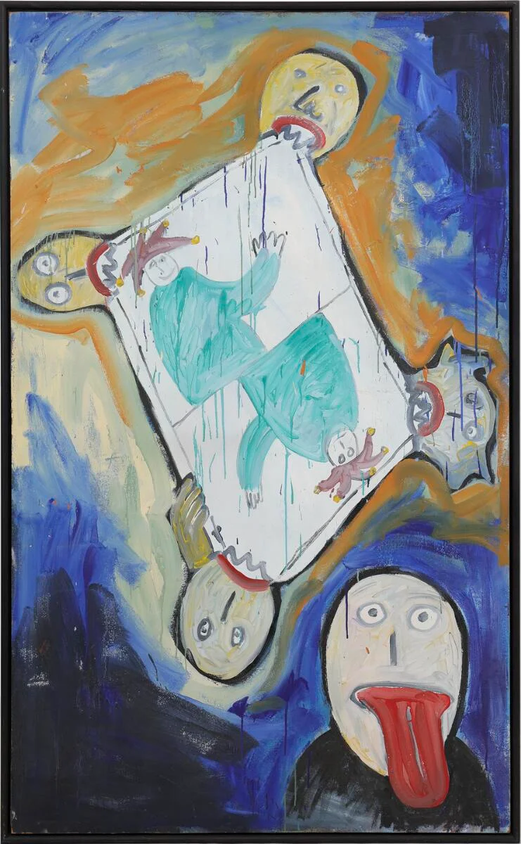 “Joker eller Poker med sanserne”, 1982. Signed on the reverse. Acrylic on board. 200×123 cm. — Modern Paintings/Modern art — Bruun Rasmussen