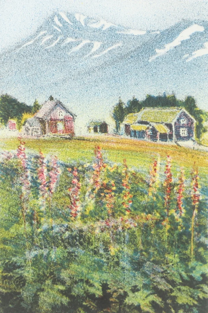 KJELL THORJUSSEN. "Fjällgård", färglitografi, signerad. — Engravings & Prints — Helsingborgs Auktionskammare