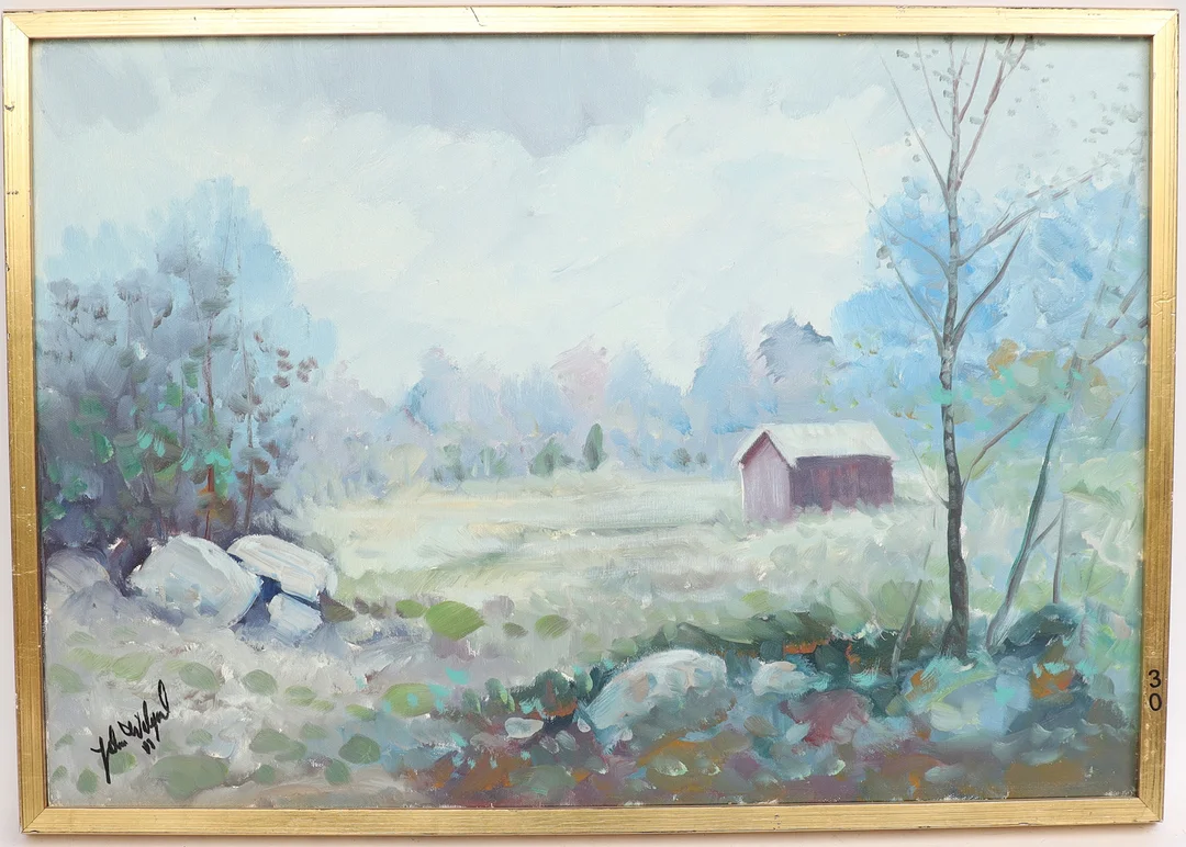 JOHN WILGERT. Landskap med stuga, oljemålning på duk, signerad och daterad 81. — Paintings — Falun Auktionsbyrå