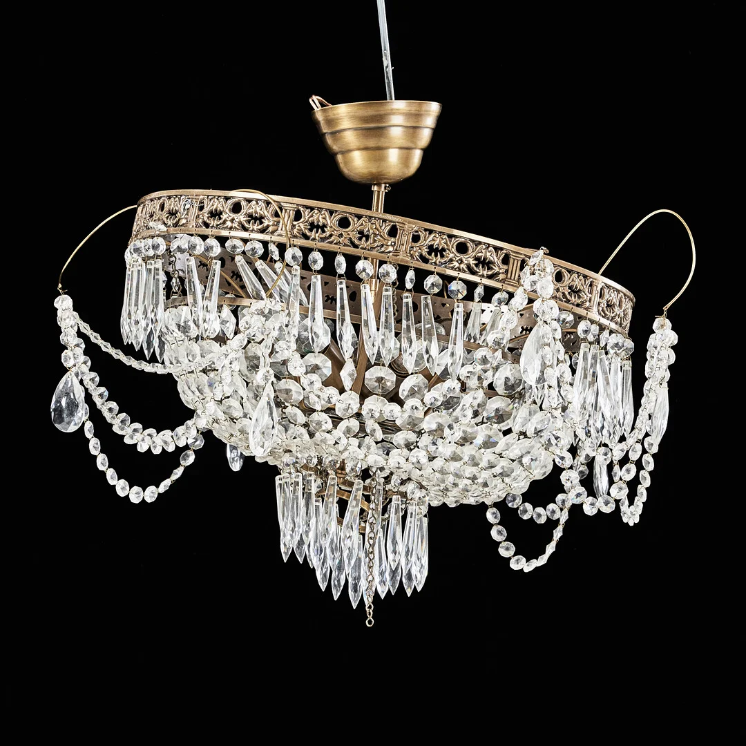 AMPEL, 1900-talets andra hälft, empire stil, stomme i mässing, behängd med prismor, elektrifierad. — Ceiling lights — Stockholms Auktionsverk Magasin 5