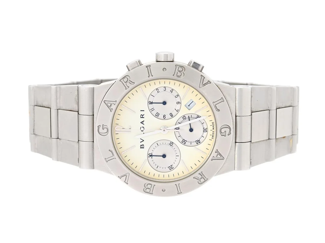 BVLGARI, Diagono, Cal 1270 MBBV, Serie nr. L12885, Ref nr. CH 35 S, kronograf, herrur, 35 mm, stål, quartz, safirglas, datum, integrerad originallänk, viklås, Ref nr. CH 3.99, cert, september 2009, box, ytterkartong. — Klockor/Bvlgari — Kaplans