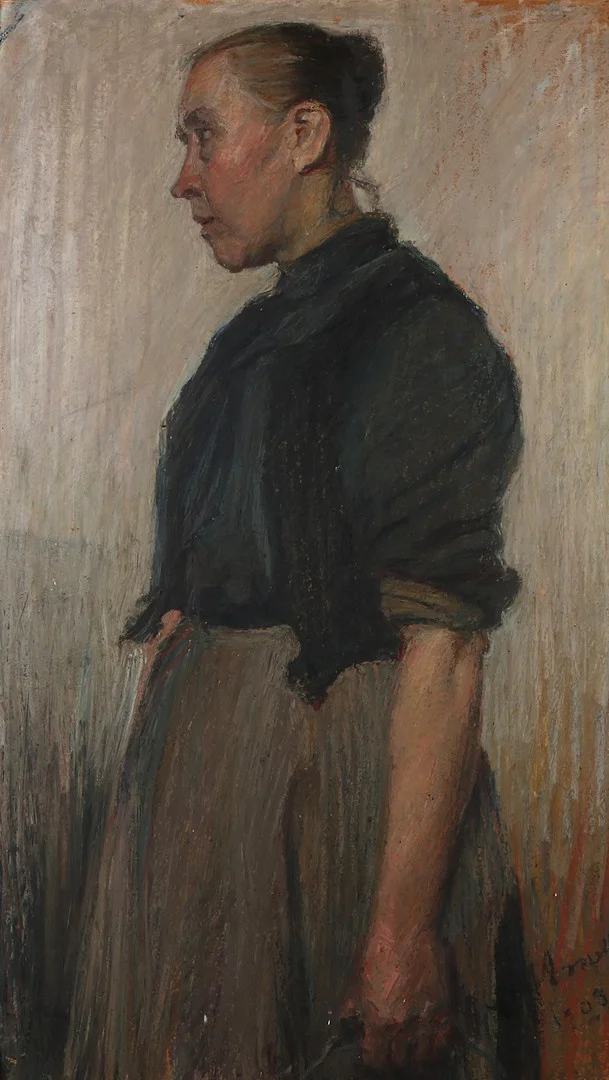 ALMA ARNELL. Oljemålning på duk, "Städerskan", signerad och daterad 1903 samt lapp a tergo. — Paintings — Skånes Auktionsverk