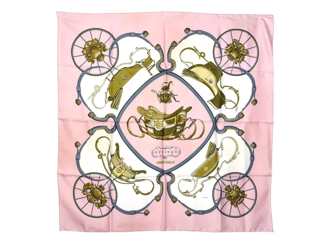 SCARF, HERMÈS, Springs, Ledoux, 100% siden, 90x90 cm, rosa, vit, guld, grå, fläckar. — Accessoarer/Scarves — Kaplans