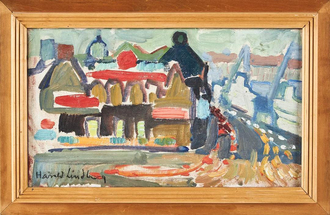 HARALD LINDBERG. Stadsbild, olja på duk, signerad, á tergo daterad 1961. — Paintings — Stockholms Auktionsverk Magasin 5