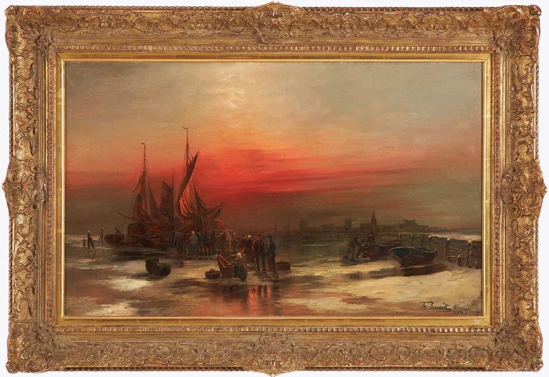 DÉSIRÉ THOMASSIN-RENARDT. Skymningsmotiv med fiskare stranden, olja på duk, signerad och daterad 1894. — Paintings — Stockholms Auktionsverk Sickla