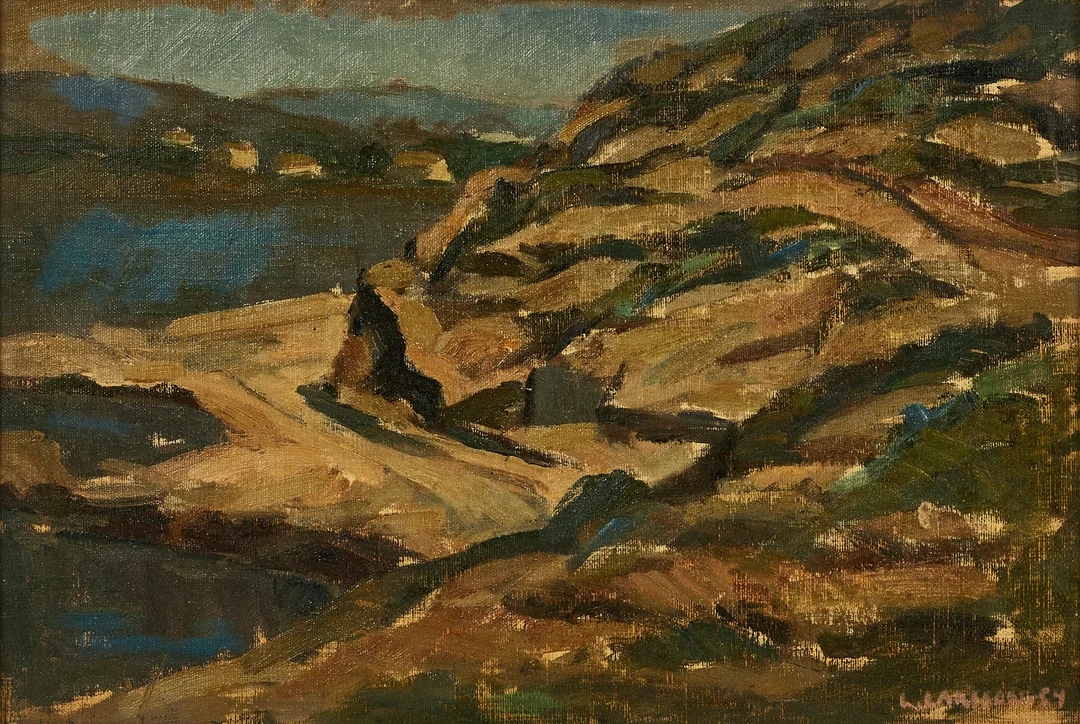 LENNART LARSSON (1922-2007),"Landskap, Ibiza", signerad och daterad 54, olja på duk ställd på pannå. — Paintings — Crafoord Auktioner Stockholm
