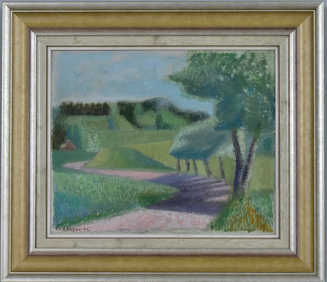 ERIK OLSON. oljemålning på duk, "Sjaellandsk landskap med landevej". — Paintings — Halmstads Auktionskammare